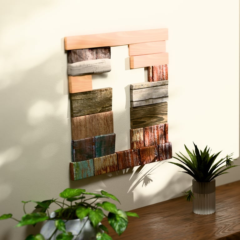 3D render of recycled Christian art hanging on a wall.