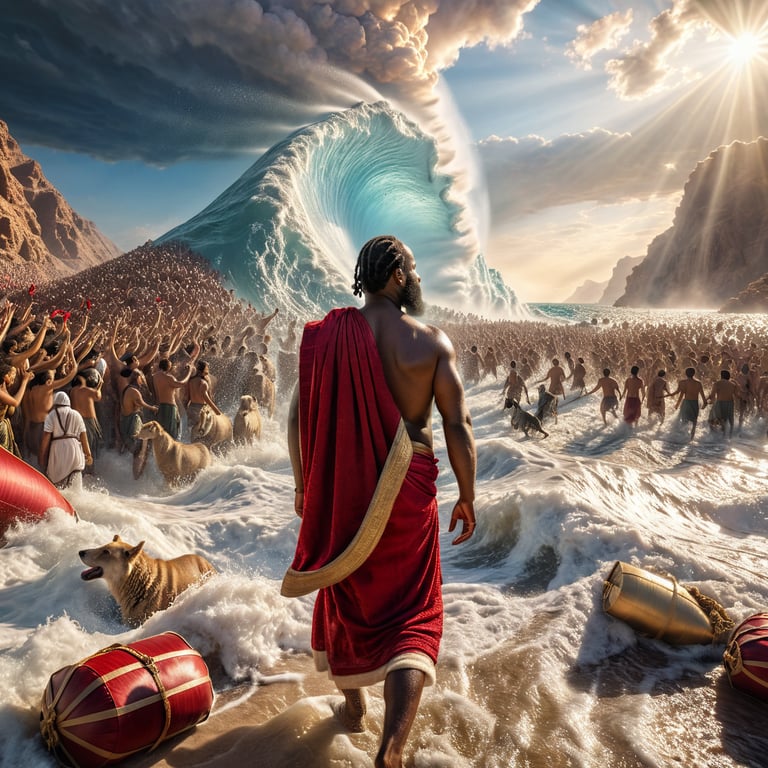 3D render of Moses leading the people across the Red Sea.