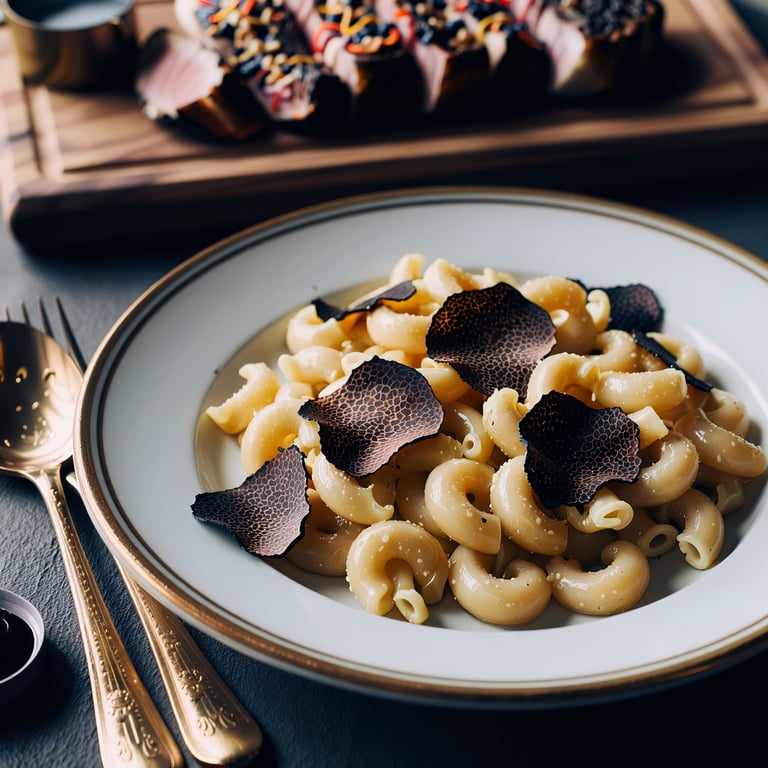 Image of lobster mac and cheese with black truffles made in 3D.