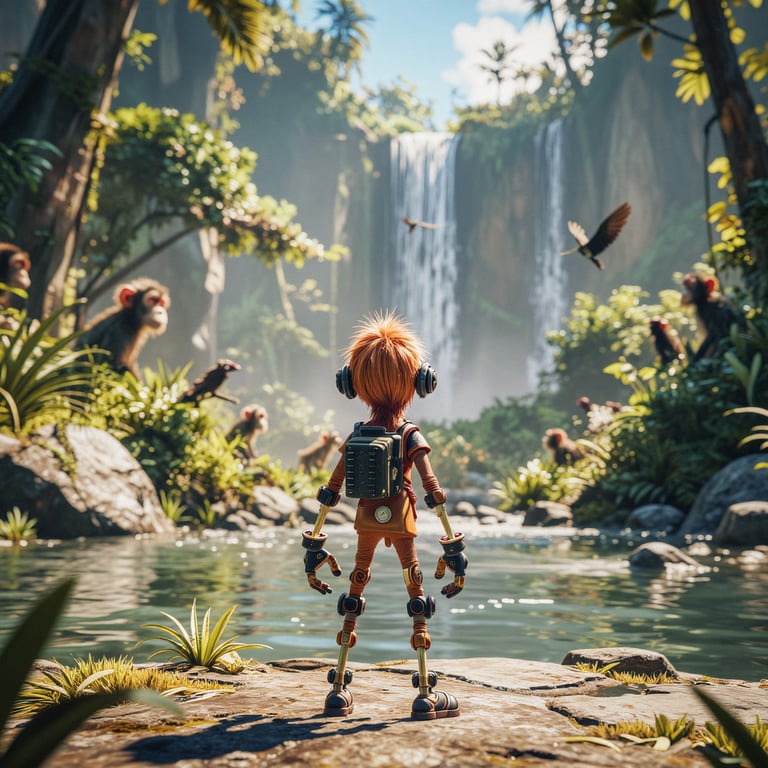 Image of a game character standing in awe in an lush and vibrant world.