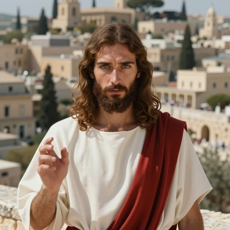 Jesus standing with Jerusalem in the backdrop.