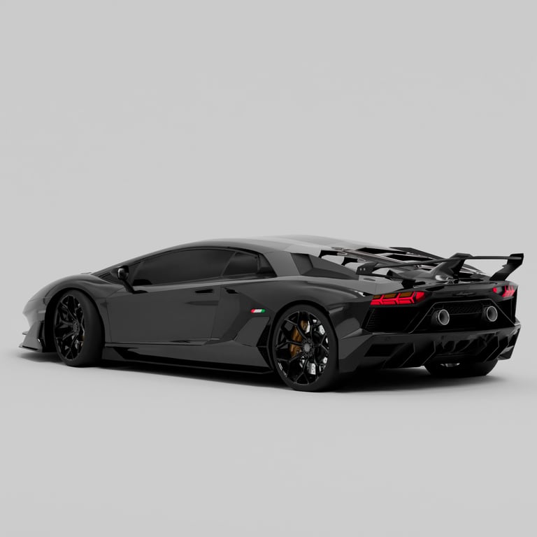 Rear angle view of a black 2023 Lamborghini Aventator
