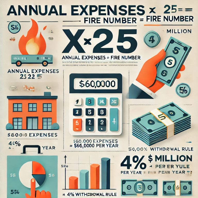 An educational infographic-style graphic explaining how to calculate a FIRE number.