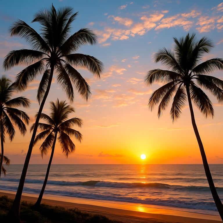 a sunset on a beach with palm trees