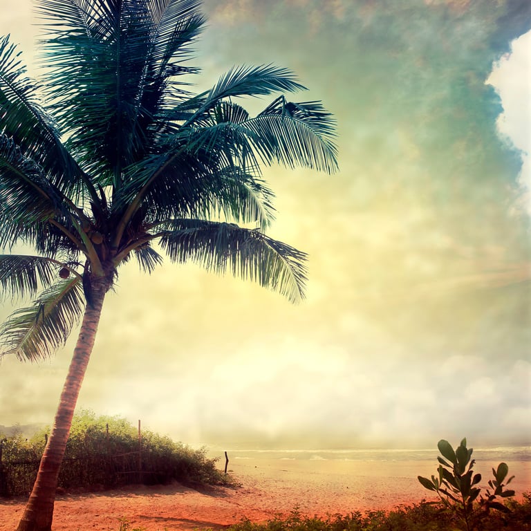 a palm tree on a beach with a bench and a bench