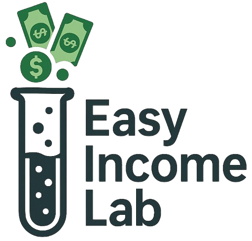 Easy Income Lab logo with dollar bills rising from a science beaker — passive income and side hustle ideas brand