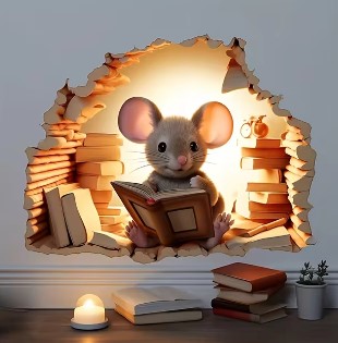 Dekoratives Wandbild 'Lesende Maus', Dieses bezaubernde Wandbild zeigt liebevoll gestaltete Maus