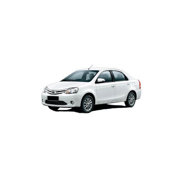 a white Toyota Etios car parked on a white background