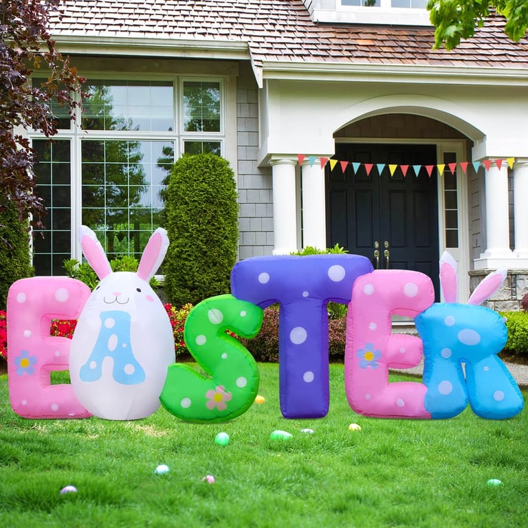 8FT Long Easter Inflatable Banner Outdoor Decorations with, Build-in LED Lights Holiday Blow Up Yard