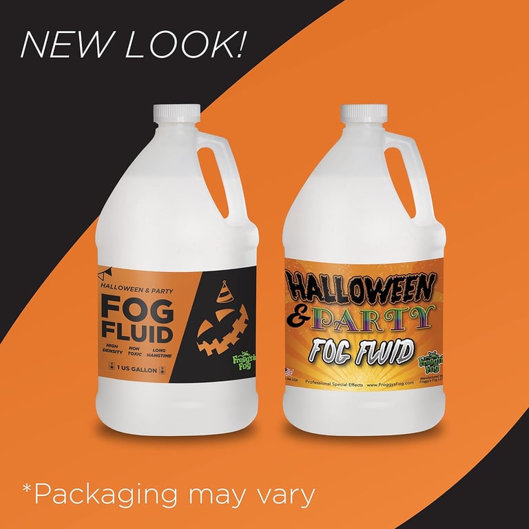 Bottles of Froggys Fog machine fluid used for Halloween yard displays