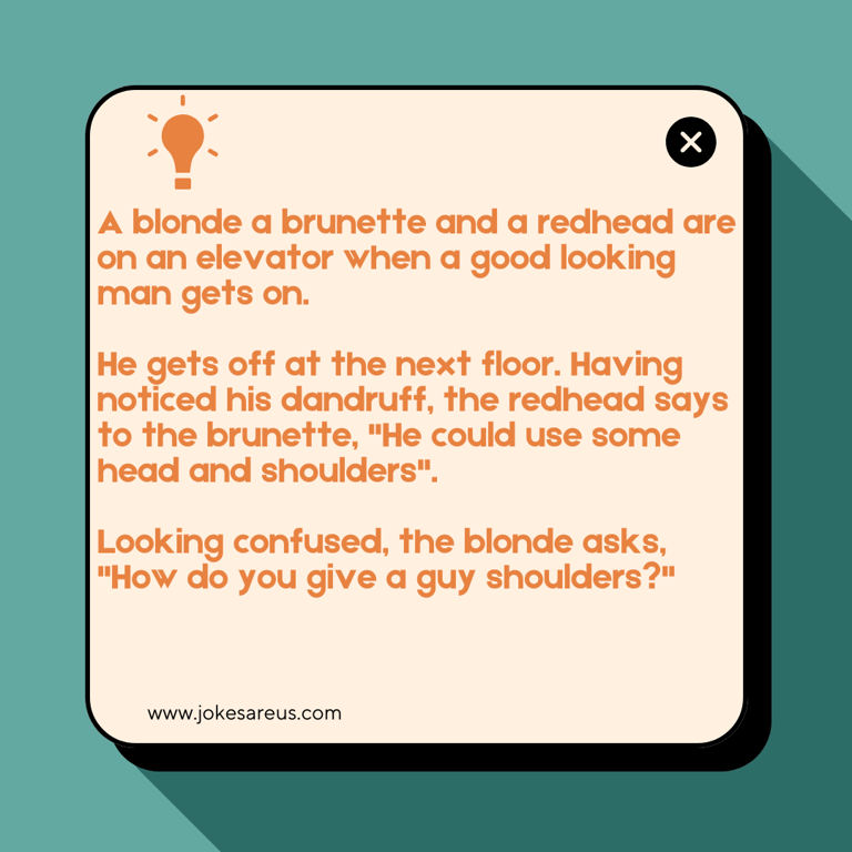 Redhead suggests man wd dandruff could use head & shoulders.Blonde, "how do U give a guy shoulders?"