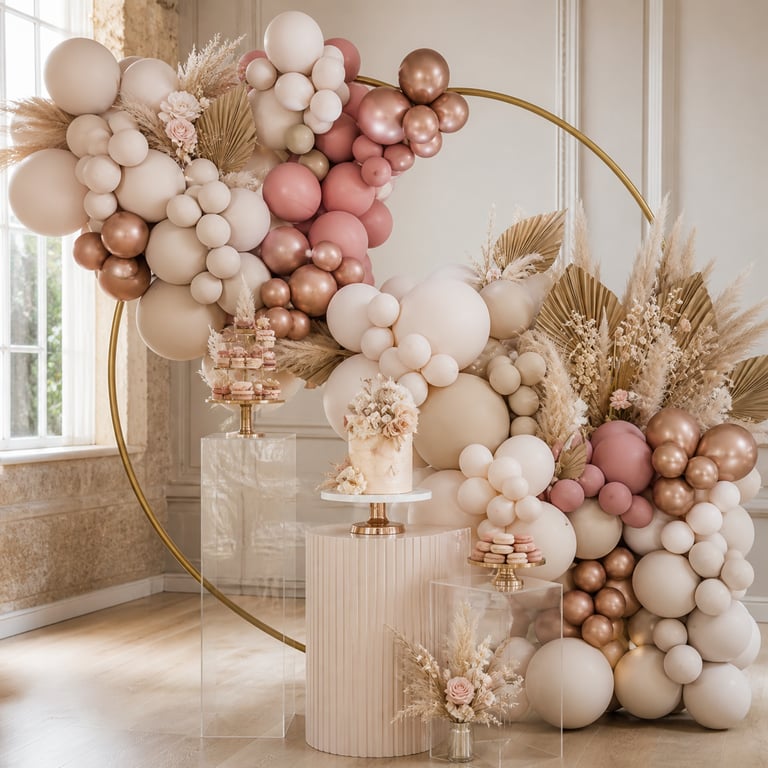 Elegant pink and gold balloon arch backdrop with floral arrangements and cake for a party or wedding.