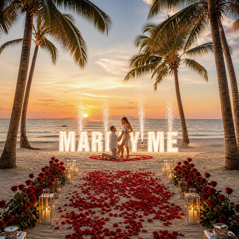 Romantic beach proposal at sunset with Marry Me light up letters, red rose petals, and fireworks.