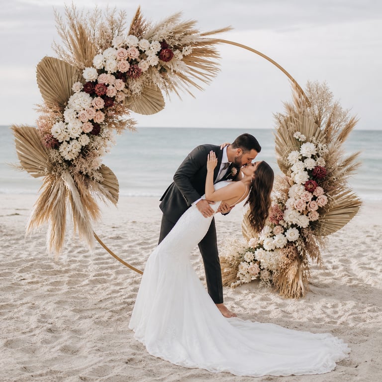A bride and groom kiss under a floral beach wedding arch with pampas grass and roses.