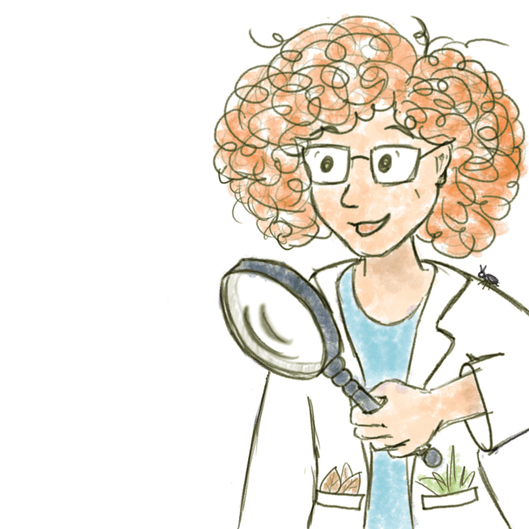 a woman in a lab coat holding a magnifying glass