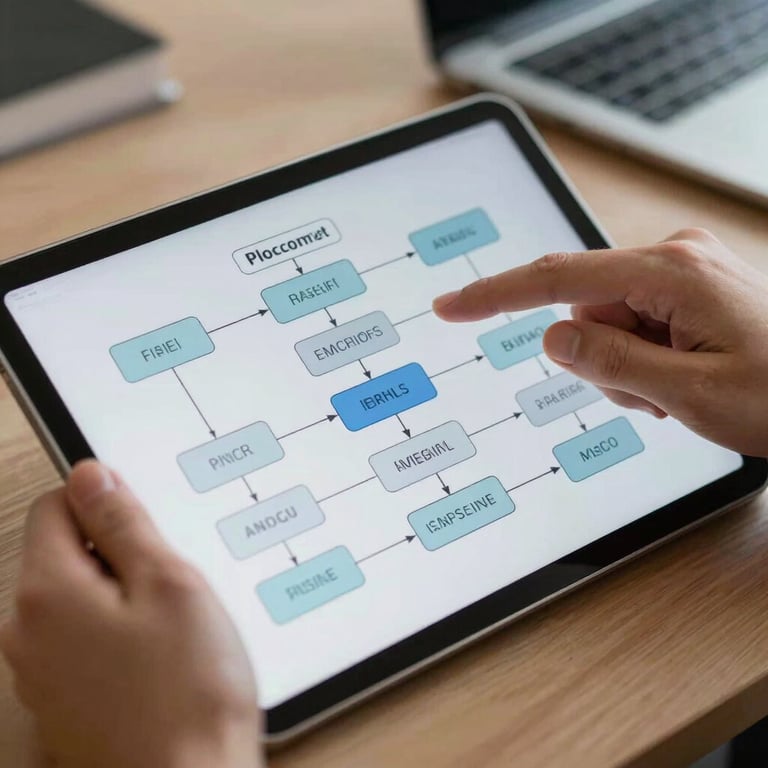 Close-up of a tablet displaying a process flowchart in a modern office, professional hands interacting with the screen.