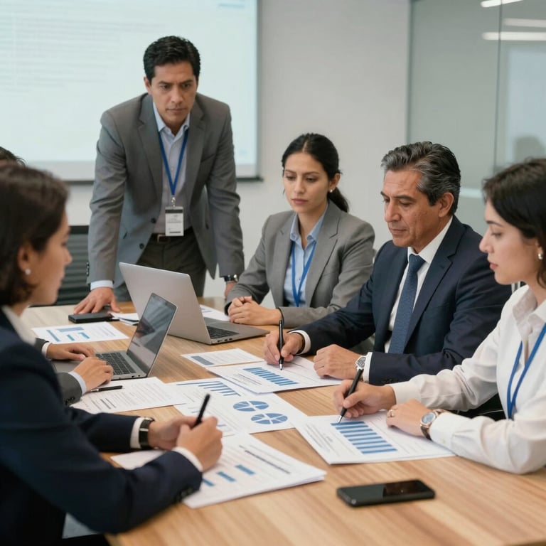 Latin American business team in a corporate boardroom analyzing management system metrics, professional and focused atmosphere.