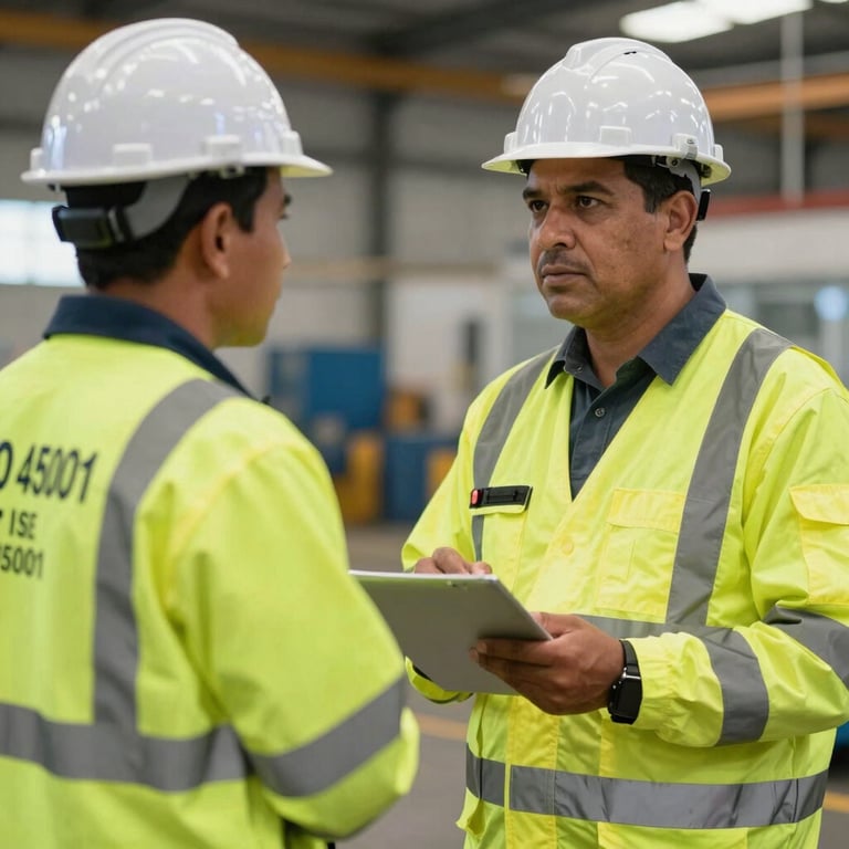 Safety manager in high-visibility gear conducting a safety briefing in a Latin American factory, representing ISO 45001.