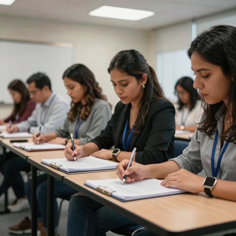 Training workshop with Latin American professionals taking notes on ISO documentation in a clean, professional seminar room.