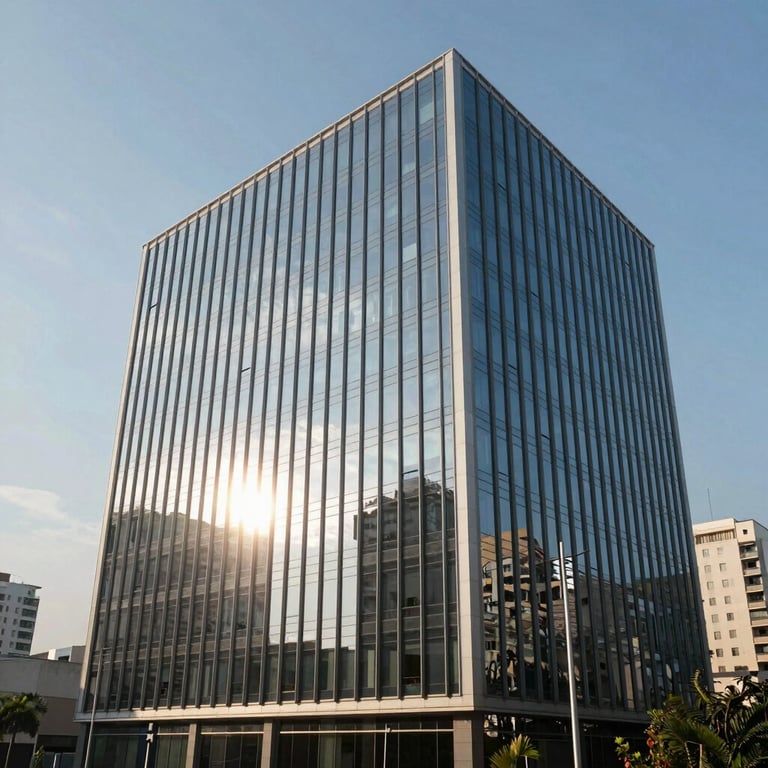 A sleek, modern corporate office building with glass exterior reflecting a bright morning sun in a Latin American city.