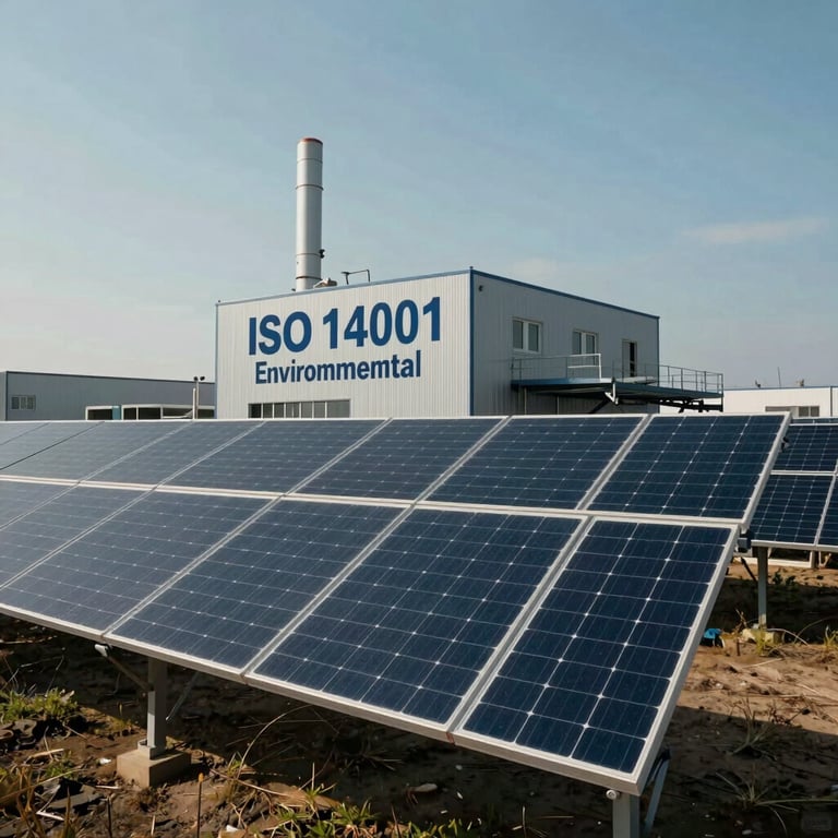 Industrial solar installation at a corporate site, symbolizing ISO 14001 environmental compliance under a clear sky.