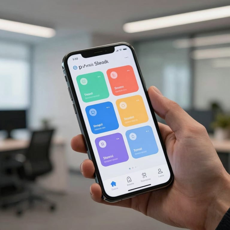Close-up of a high-resolution smartphone displaying a colorful, clean application interface, held against a blurred modern office view.