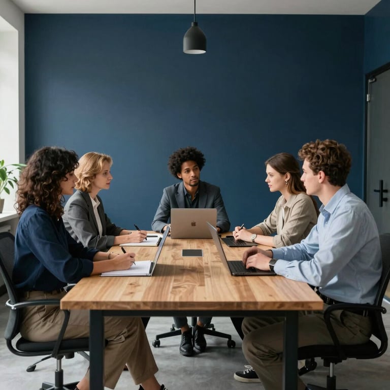 A group of diverse professionals in a minimalist Ukrainian office having a meeting in a room with dark navy blue accents.