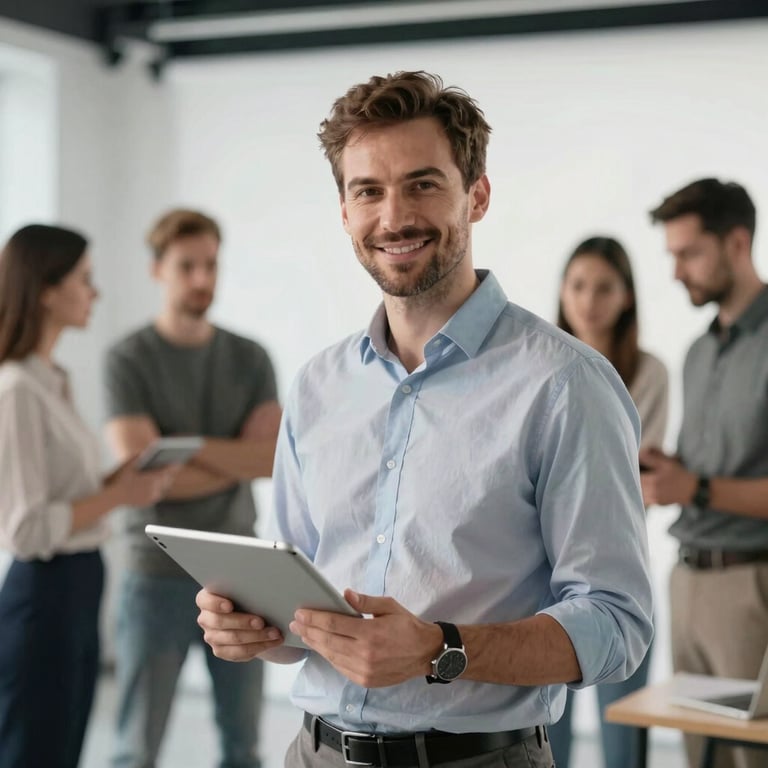 Professional portrait of a team lead in a modern studio environment in Kyiv, holding a tablet, soft focus on a bright background.