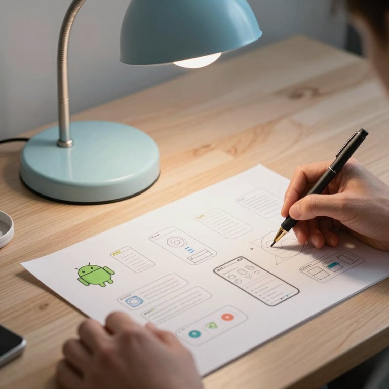 Close-up of a designer's hand sketching UI elements for an Android app on a light wood desk with a pale steel blue lamp.