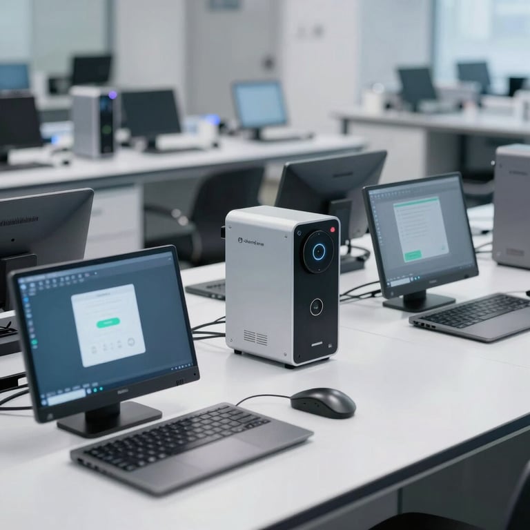Wide shot of a modern software laboratory with several Android testing devices on clean, white workstations.