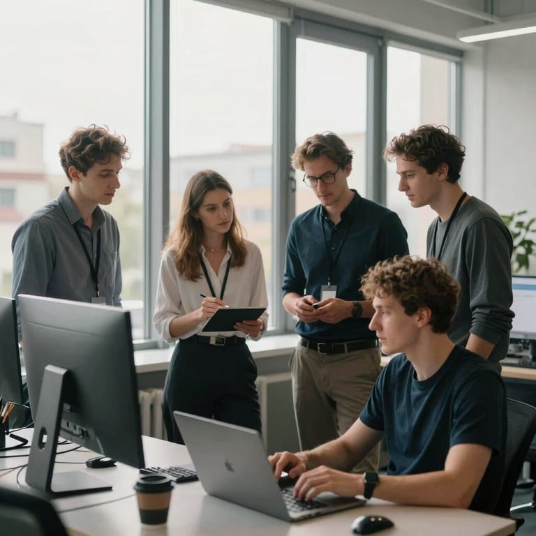 Collaborative workspace in an Eastern European tech hub with developers discussing a project near a large window, morning light.