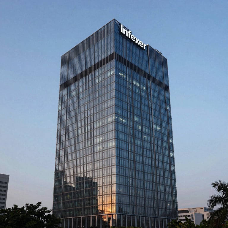 A crisp architectural shot of a modern glass skyscraper in an Indian tech park during the blue hour, representing the global reach and scale of Infexer.