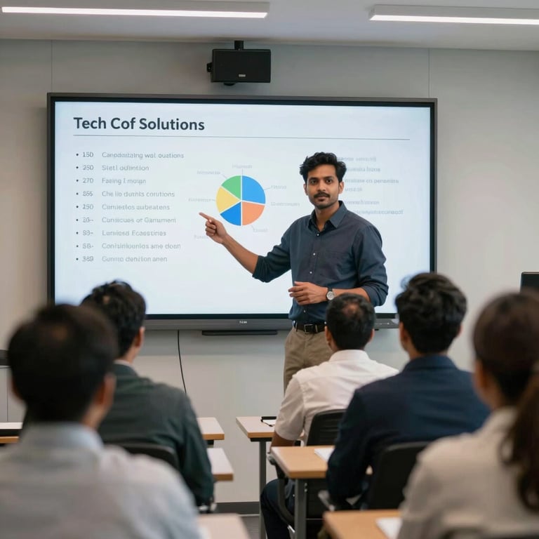 A professional South Asian / Indian man presenting tech solutions on a digital screen to a focused audience in a modern corporate training room.