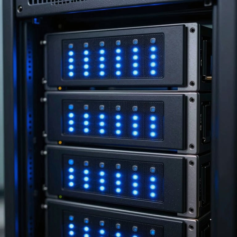 Detailed macro shot of a server rack with blinking light blue LEDs, symbolizing the cloud infrastructure and data analytics expertise of the company.