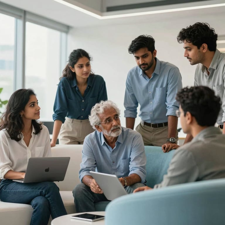 A collaborative team of diverse South Asian / Indian IT engineers discussing a project plan in a brightly lit, modern office lounge with white and light blue furniture.