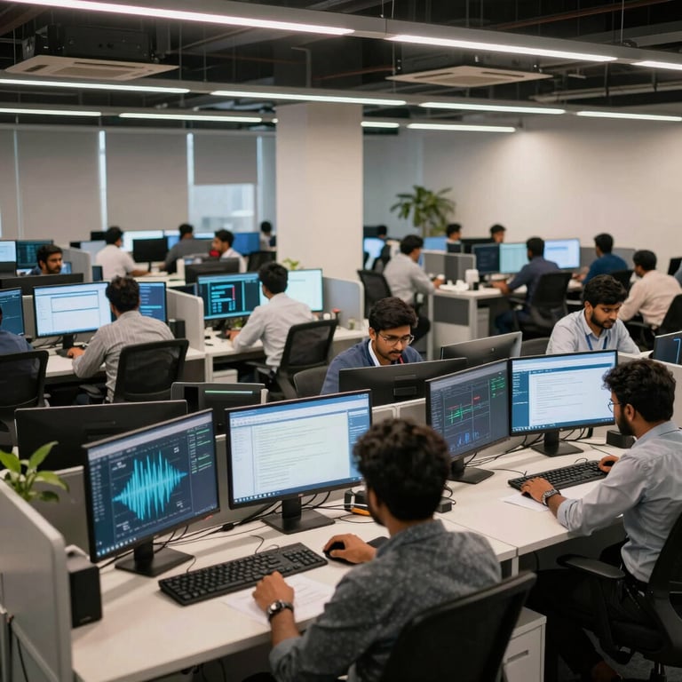 A wide shot of a high-tech IT development floor in Bangalore, showing rows of dual-monitor setups and a vibrant, professional corporate environment.
