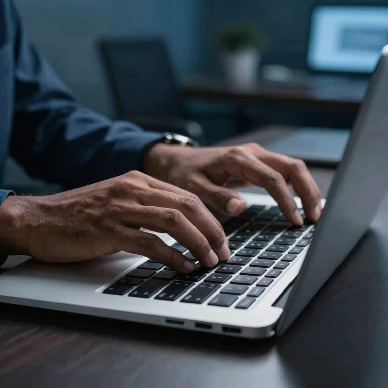 A close-up of hands typing on a modern laptop in a sleek South Asian / Indian office setting, focused on high-speed development work, cool dark blue ambient lighting.