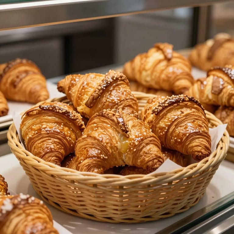 A basket of golden croissants and sweet pastries in a modern bakery setting in Rio Pardo.