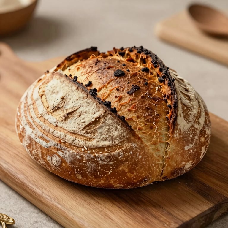 Traditional Brazilian sourdough bread on a wooden board, warm natural lighting, artisanal feel.