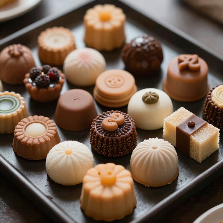 A tray of assorted confectionery delicacies reflecting high-end artisanal quality.