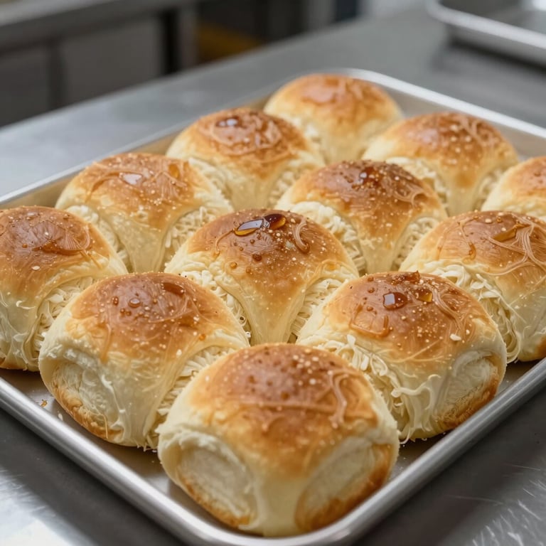 Freshly baked dinner rolls arranged neatly in a professional commercial kitchen.