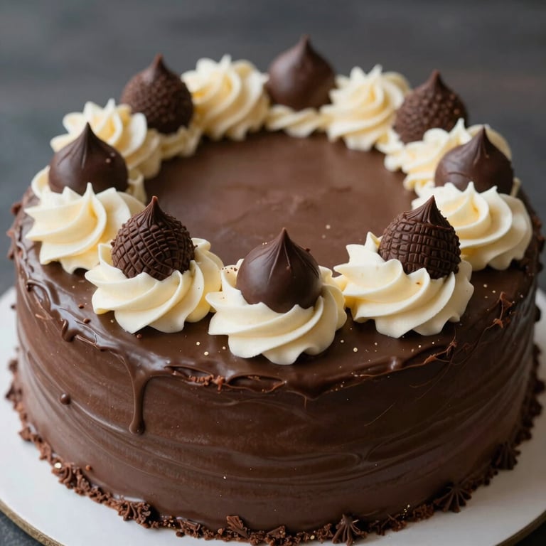 A detailed shot of a beautifully decorated chocolate cake with cream highlights.