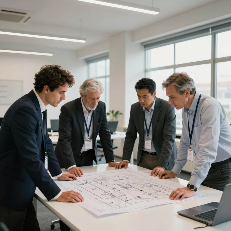 A team of engineers in professional attire reviewing technical blueprints over a large desk in a modern Off-white office space in Spain.