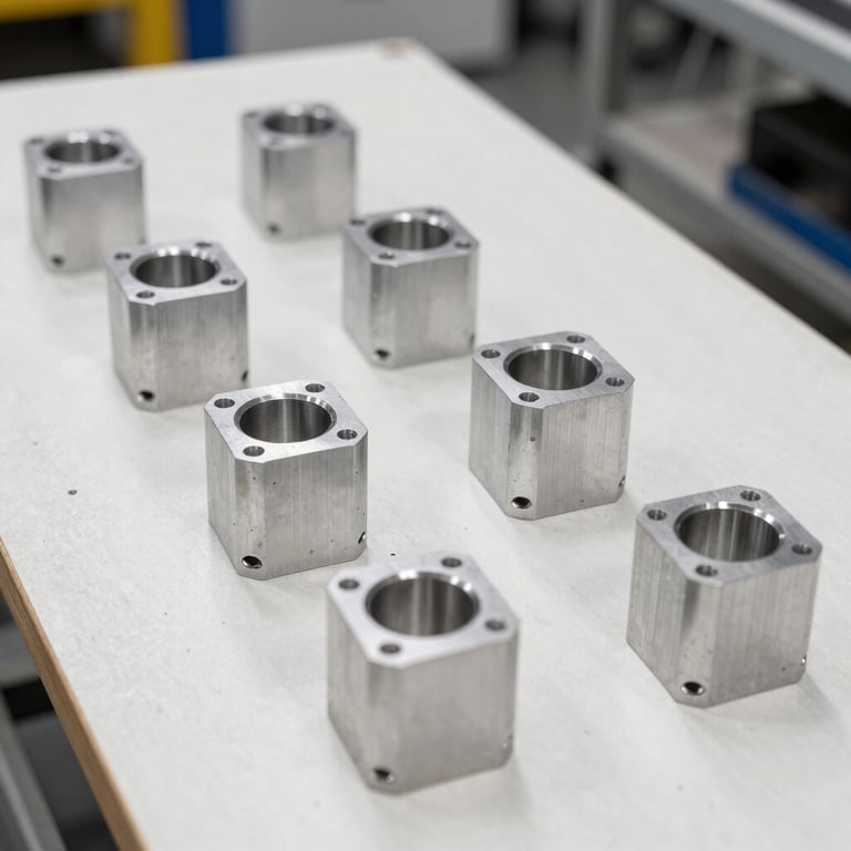Rows of perfectly machined aluminum industrial parts organized on a bright Off-white workbench in a Spanish manufacturing facility.