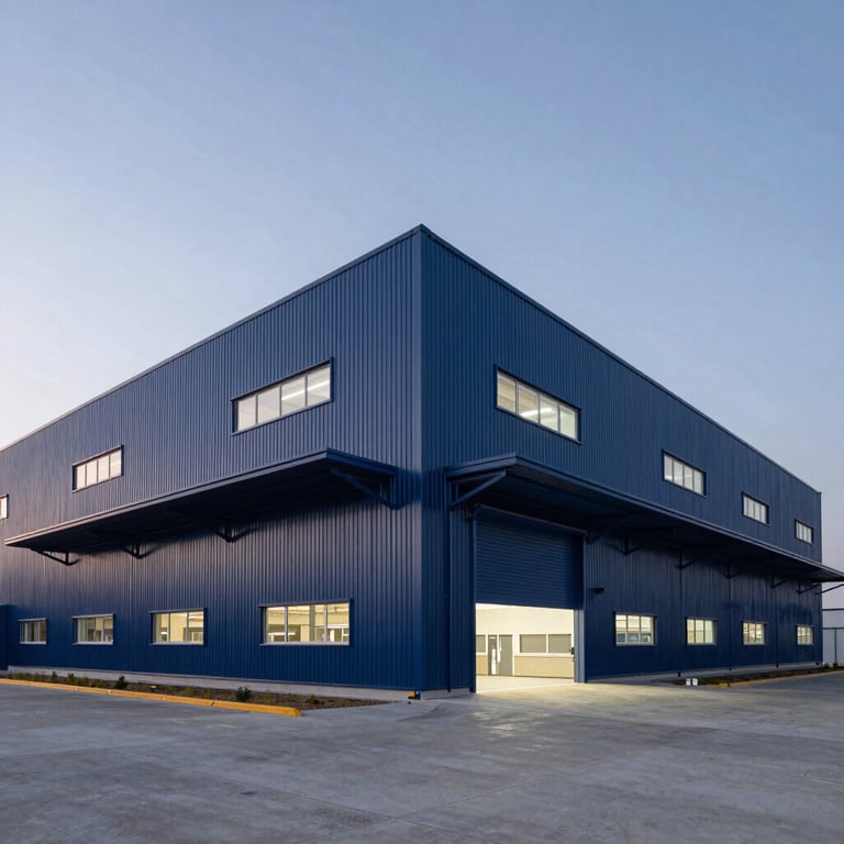 Wide shot of a modern industrial warehouse exterior in a Spanish technology park at dusk, clean Dark Blue architectural lines.