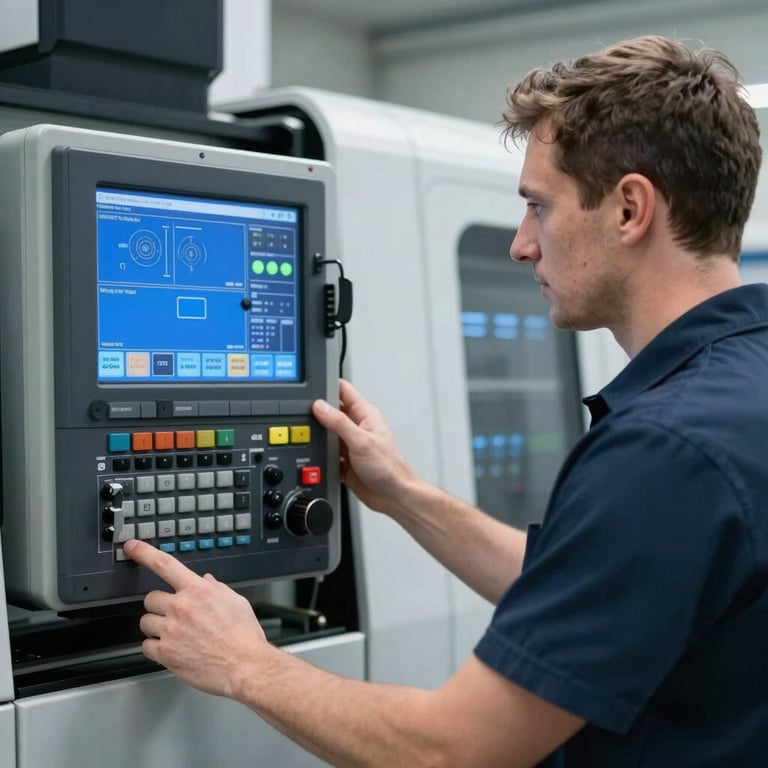 A professional European technician in a clean workshop monitoring a modern CNC machine control panel with Blue digital interfaces.