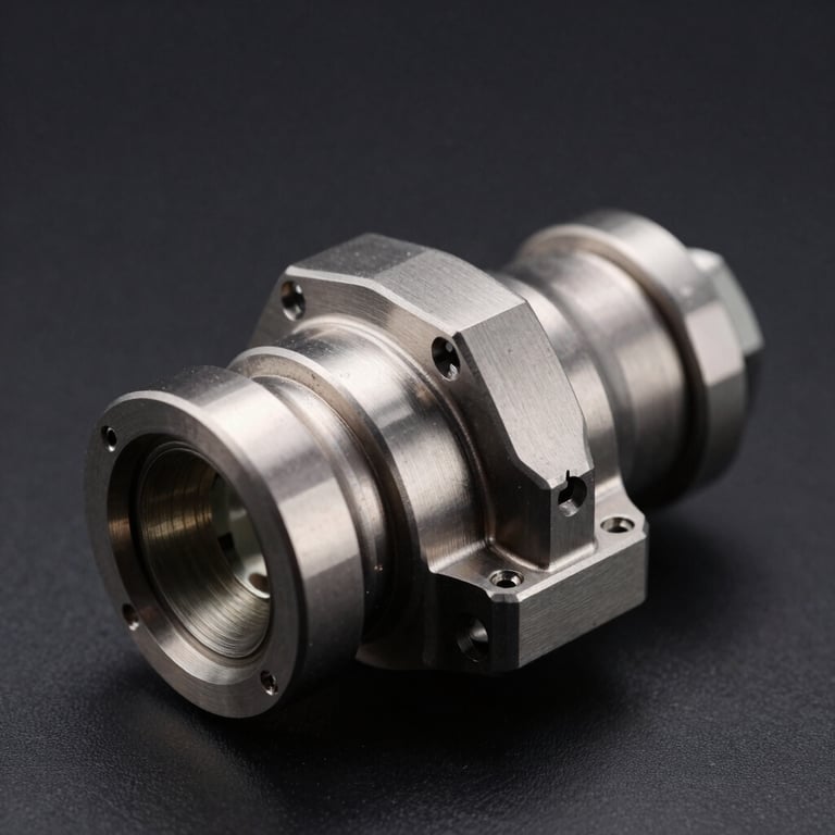 A macro photograph of a precision-engineered titanium aerospace component on a Black background, sharp focus, industrial lighting.