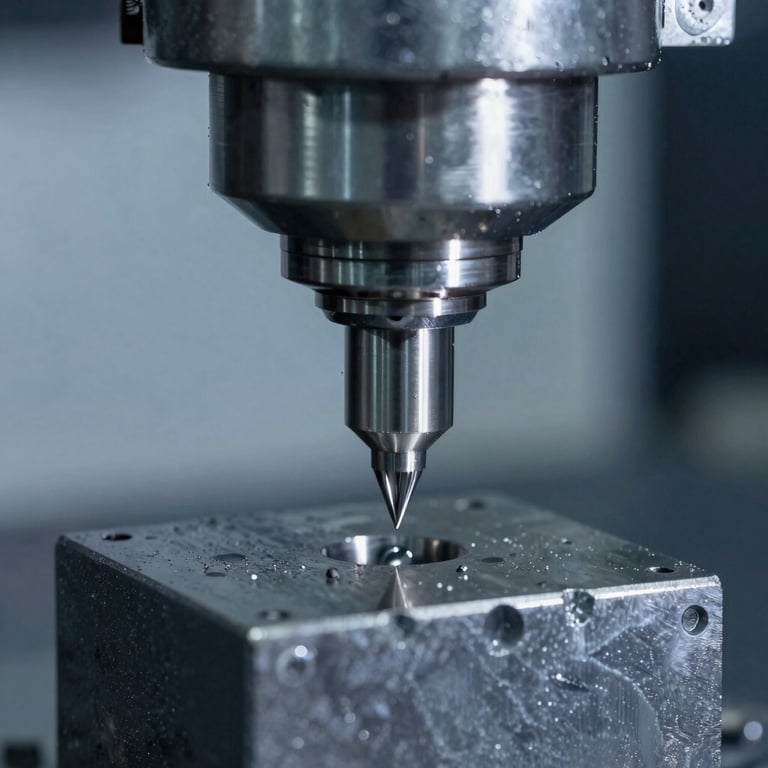 Detailed close-up of a high-speed CNC milling spindle cutting through a block of stainless steel, Grayish Blue tones, professional photography.