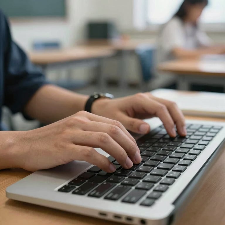 Close-up of a student's hands typing on a mechanical keyboard with a blurred background of a modern classroom.