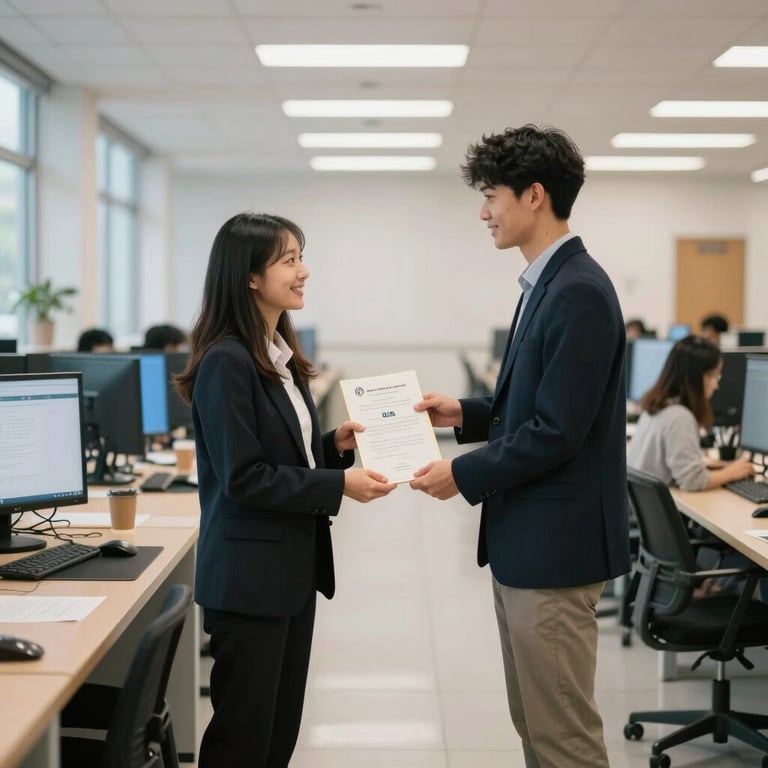 A professional student receiving a diploma in a bright, modern hallway of a computer training center in the US.